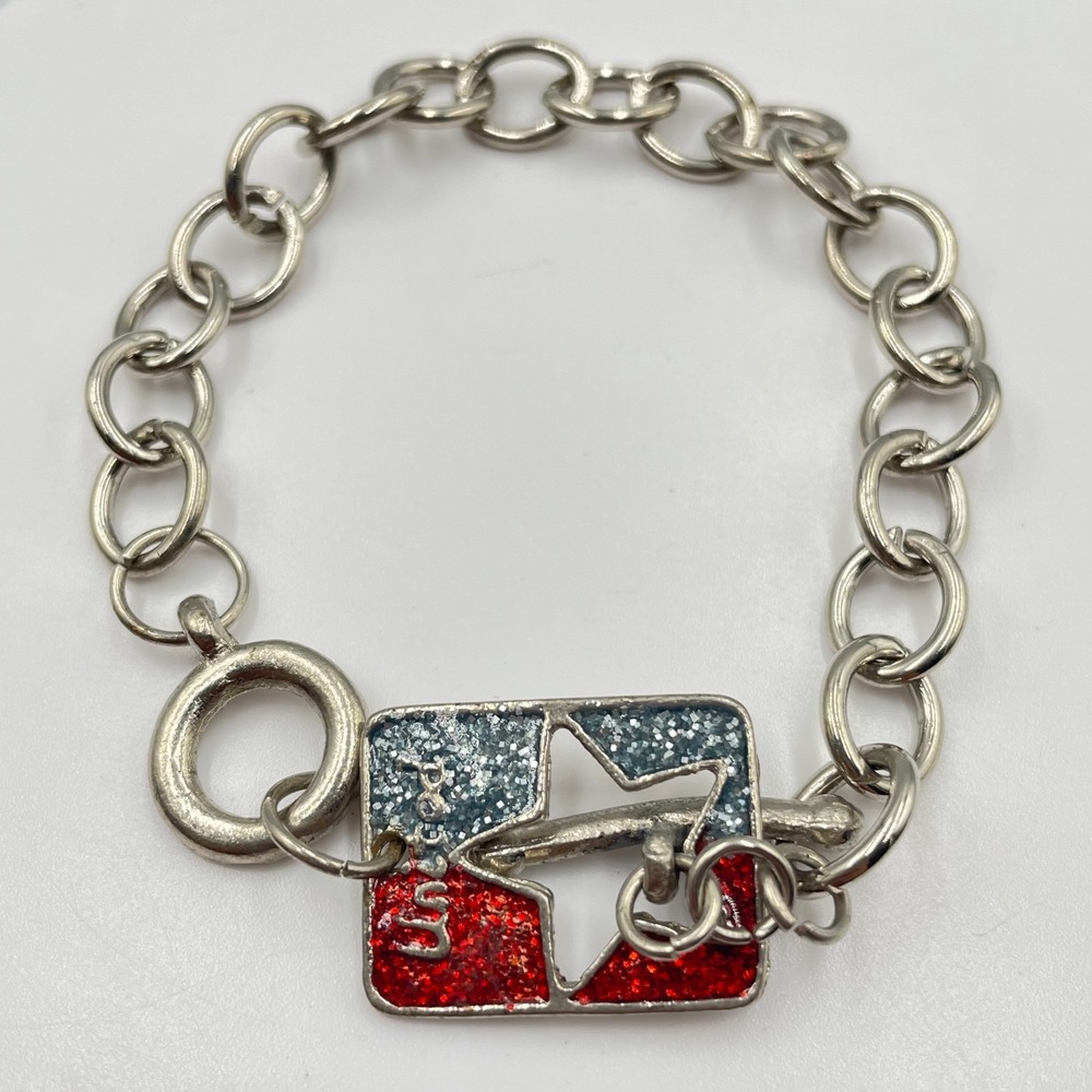Vintage Y2K Texas Star Silver Tone Red Blue Glitter Enamel Toggle Chain Bracelet